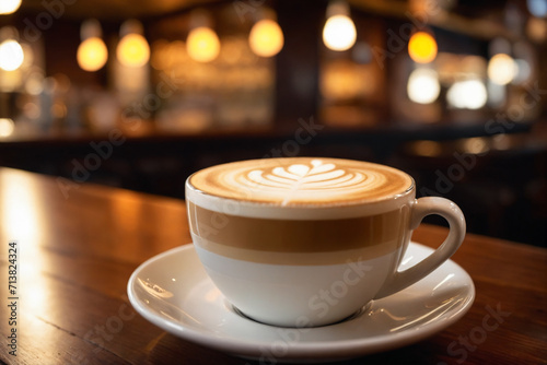 Close up shot of a cup of cappuccino without spoon, blurred background of a bar