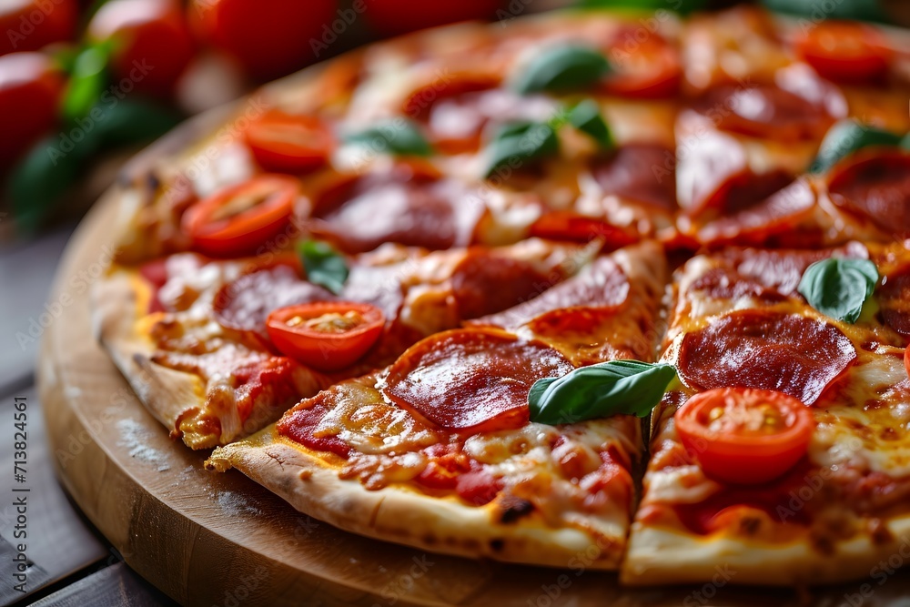 Hot Pepperoni Pizza with Tomato and Basil Toppings Hot Pepperoni Pizza with Tomato and Basil Toppings