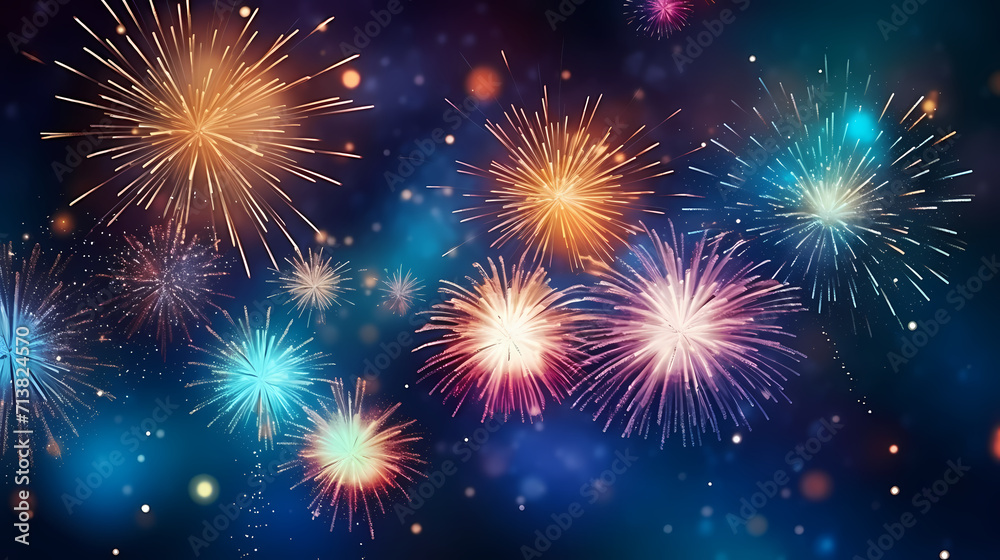 Fototapeta premium Happy New Year, burning fireworks with bokeh light background