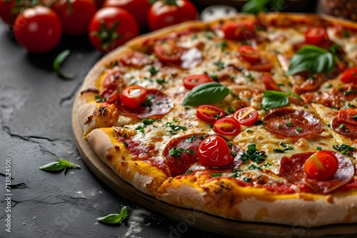 Hot Pepperoni Pizza with Tomato and Basil Toppings