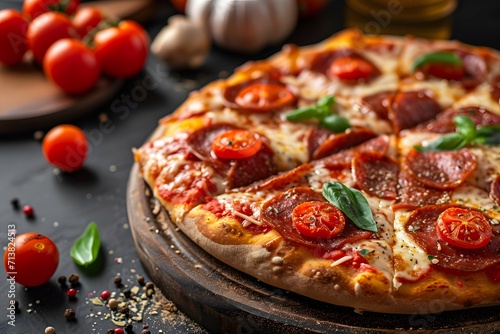 Hot Pepperoni Pizza with Tomato and Basil Toppings