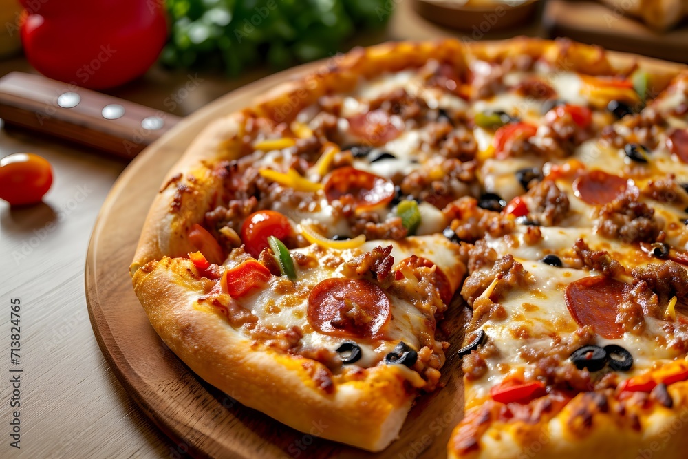 Hot Pepperoni Pizza with Tomato and Basil Toppings Hot Pepperoni Pizza with Tomato and Basil Toppings