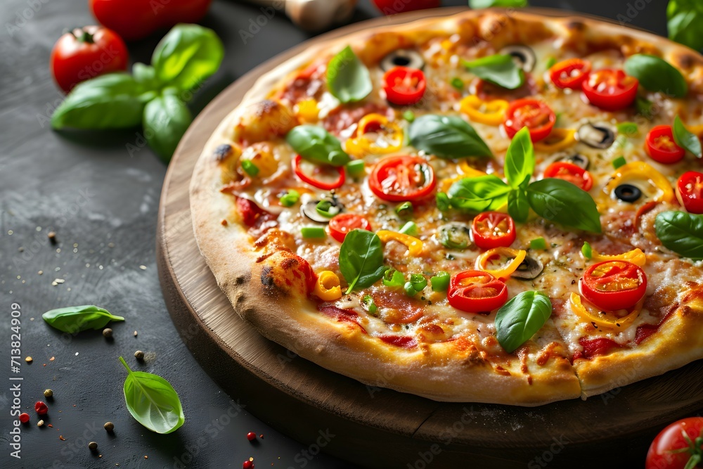 Hot Pepperoni Pizza with Tomato and Basil Toppings