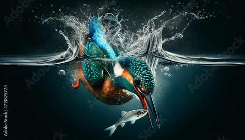 Dynamic underwater action as a kingfisher dives to catch a fish as the water splashes around it creating a visually stunning moment captured perfectly. Bird behavior concept. AI generated. photo