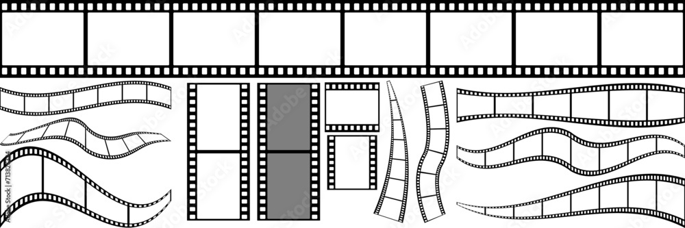 Film strip frame vector set. Creative Cinema filmstrip reel collection isolated on transparent background.