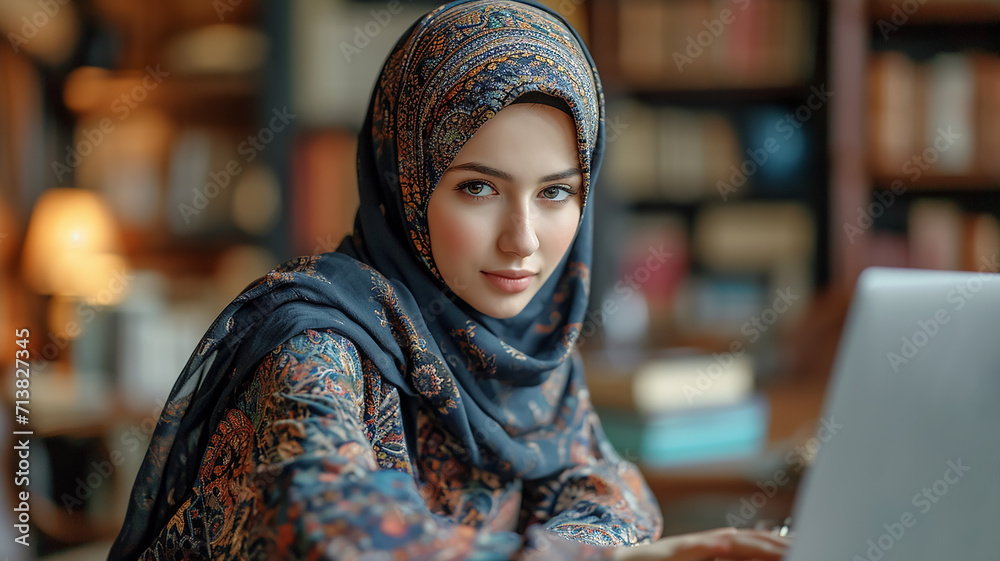 Eine Frau trägt einen Hijab und arbeitet im Büro - obrazy, fototapety, plakaty 