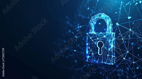 Cyber security concept. Lock symbol from lines and triangles, point connecting network on blue background. Illustration vector 