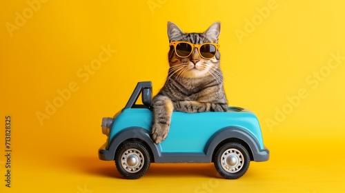 Funny cat with sunglasses in toy car on yellow background photo