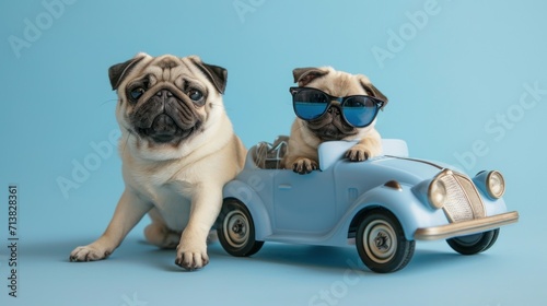 Funny pug dog and cat with sunglasses in toy car on light blue background © Zahid