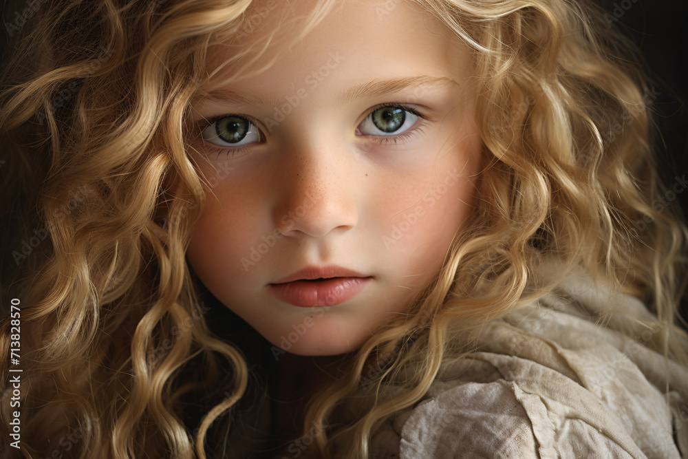 Naklejka premium Close up of face of young girl child with long blond hair and green eyes