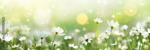 White Chamomiles Flowers Against Greenery Meadow Banner Background. Colorful spring banner panoramic white wildflowers at green field, sun rays background bokeh. Pure air light spring space for text.