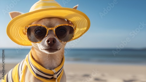 Dog on beach, cute Chihuahua puppy wearing yellow straw hat and sunglasses on sand. Pet animal dressed in costume on summer vacation holiday. Happy travel concept. © Koko Art Studio