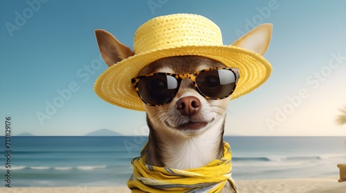 Dog on beach, cute Chihuahua puppy wearing yellow straw hat and sunglasses on sand. Pet animal dressed in costume on summer vacation holiday. Happy travel concept.