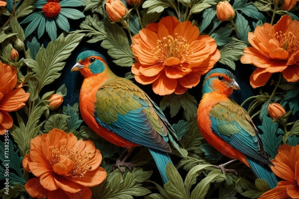 Obraz premium Nature's Embrace Generative AI's Bird, Rose, and Botanical Delight