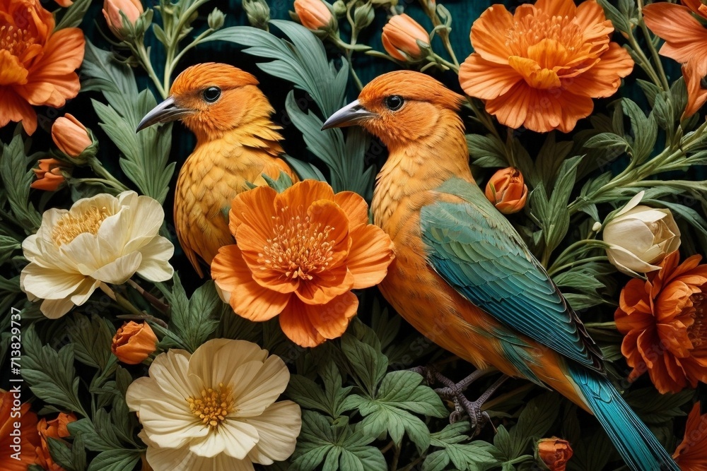 Obraz premium Nature's Embrace Generative AI's Bird, Rose, and Botanical Delight