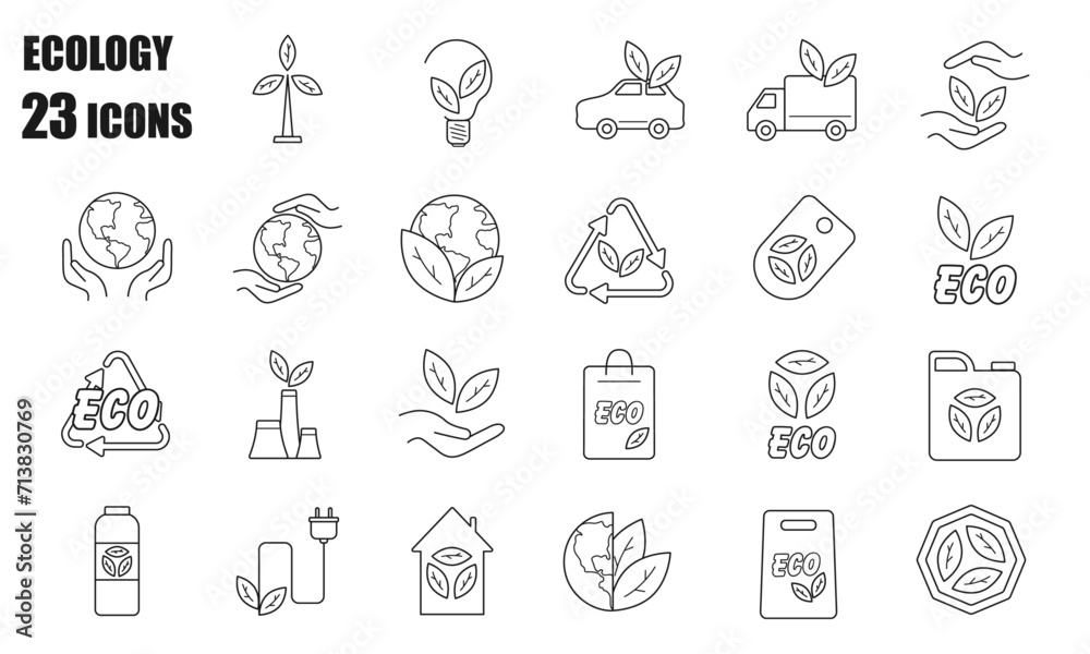 Set of Icons Ecology, Collection, Elements, Line, Organic, Isolated, Recycling, Energy, Eco, Bio, Natural, Vector illustration