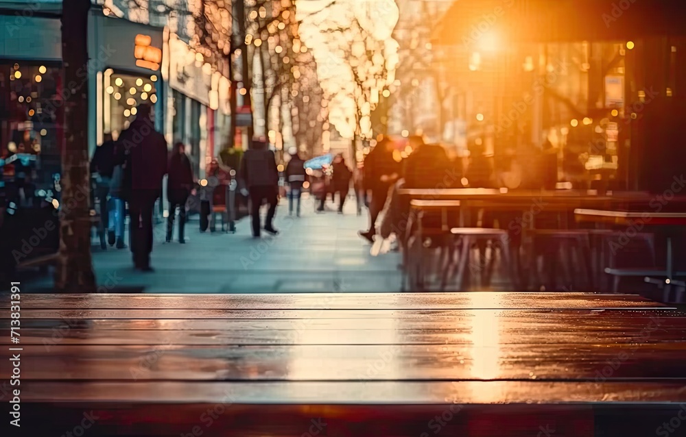 Table set on vibrant city street person walking by with blurred bokeh lights in background capturing essence of urban night life travel and business intersecting at crowded food market outdoor cafe