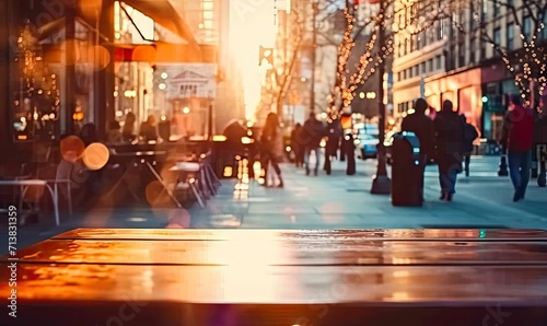 Wallpaper Mural Table set on vibrant city street person walking by with blurred bokeh lights in background capturing essence of urban night life travel and business intersecting at crowded food market outdoor cafe Torontodigital.ca