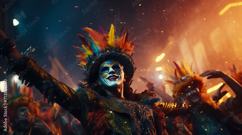 Happy Man with Festive Makeup and Headdress with Colorful Feathers Masquerade Carnival Night. Background there Celebrating Crowd People with Lights. Traditional Holiday Pageant and Mardi Gras Parade