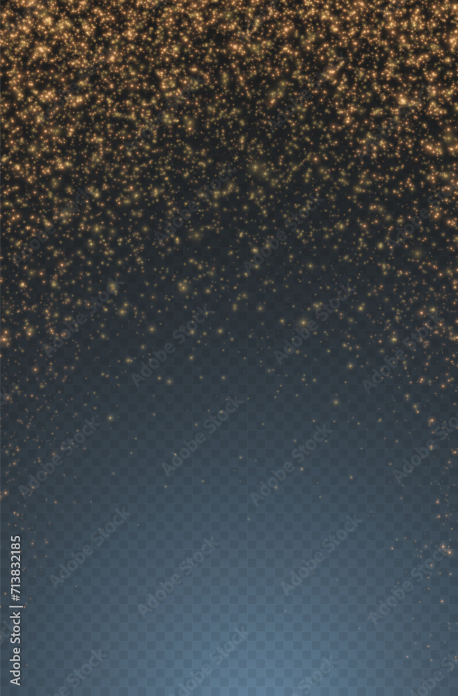 Christmas glowing bokeh confetti light and glitter texture overlay for your design. Festive sparkling gold dust png. Holiday powder dust for cards, invitations, banners, advertising.