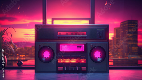 Retro Boombox Outdated Portable Radio Receiver with Cassette Recorder from Eighties in Pink Colors. Background Colorful Sky and City. Rap, Hip Hop, Pop Music. Vintage Audio Player. Radio Day Concept photo