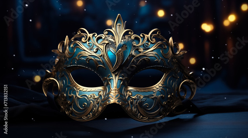 Festive Masquerade Mask for Carnival. On a Dark Background with a Golden Bokeh Glow. Elegant Festival Decor. Holiday Pageant and Mardi Gras Concept.