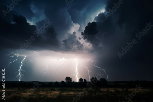 Lightning strikes illuminate. Dangerous and fantastic natural phenomenon. Generate AI