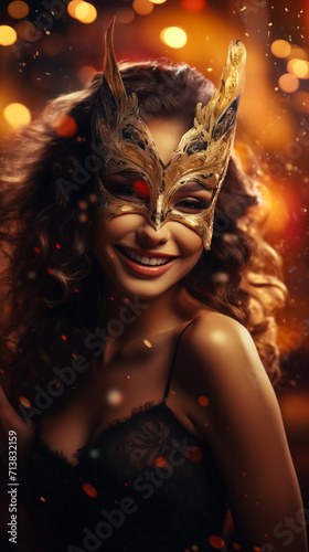 Portrait Elegant Young Adult Woman in Golden Masquerade Mask for Carnival Smiling. Blurred Bokeh Background. Mysterious Female Look. Traditional Holiday Pageant and Mardi Gras Concept. Vertical Banner
