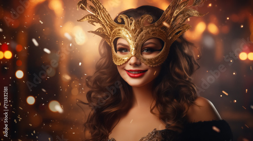 Portrait Elegant Young Adult Woman in Golden Masquerade Mask for Carnival Smiling. Blurred Glowing Yellow Bokeh Background. Mysterious Female Look. Traditional Holiday Pageant and Mardi Gras Concept.