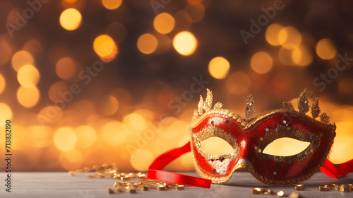 Festive Red Masquerade Mask for Carnival. Celebratory Colorful Blurred Background with Glitter. Elegant Festival Decor. Holiday Pageant and Mardi Gras Concept. Copyspace, Free Space for Text.