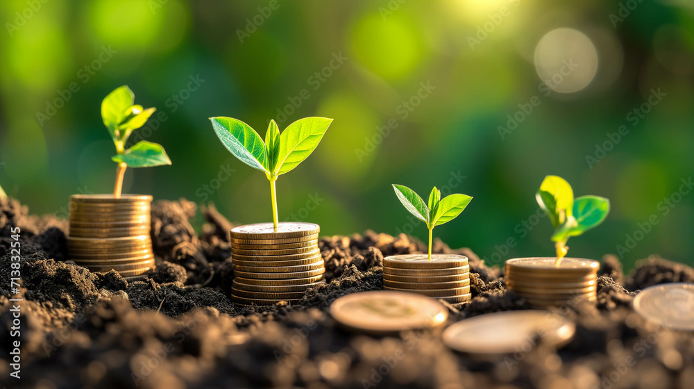Plants growing on a pile of coins, saving and investment for financial freedom and retire concept Plants growing on a pile of coins, saving and investment for financial freedom and retire concept