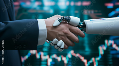hand of businessman and robot handshake agree or deal on business and investment with stock market background