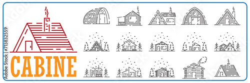 Log Cabin Vector Line Icon set. Winter, spring or autumn wooden house and camping