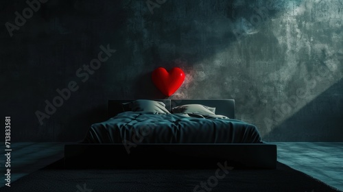 Red heart on black bed in dark bedroom Spotlights shine down on the bed and heart from above. Concepts is death, end, broken heart, evil, sin, heartlessness and divorce. Copy space. 3D illustration. photo