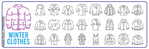 Warm Winter or autumn clothes line icon set. Different types of winter clothes including jacket, mittens, pant, coat, sweater, earmuffs, beanie