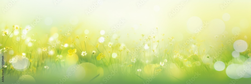 Abstract spring background with light pastel green yellow and gold particle flowers on lawn. Golden light shine sun rays bokeh on wallpaper backdrop. Freshness new life copy space for design Abstract spring background with light pastel green yellow and gold particle flowers on lawn. Golden light shine sun rays bokeh on wallpaper backdrop. Freshness new life copy space for design