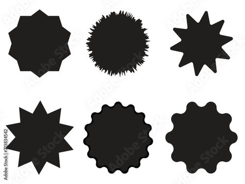 Set of vector starburst, sunburst badges. Nine different forms. Simple flat style Vintage labels. Design elements. Black and white stickers. A collection of different types icon