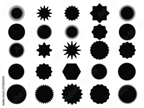 Set of black price sticker, sale or discount sticker, sunburst badges icon. Stars shape with different number of rays. Special offer price tag.starburst promotional badge set, shopping labels 