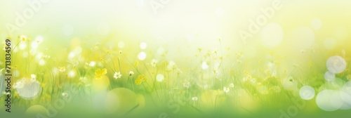 Abstract spring background with light pastel green yellow and gold particle flowers on lawn. Golden light shine sun rays bokeh on wallpaper backdrop. Freshness new life copy space for design