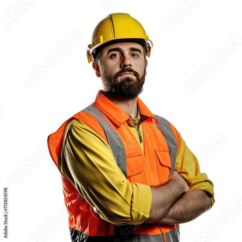 Portrait of a bearded construction worker with yellow hard hat on white background