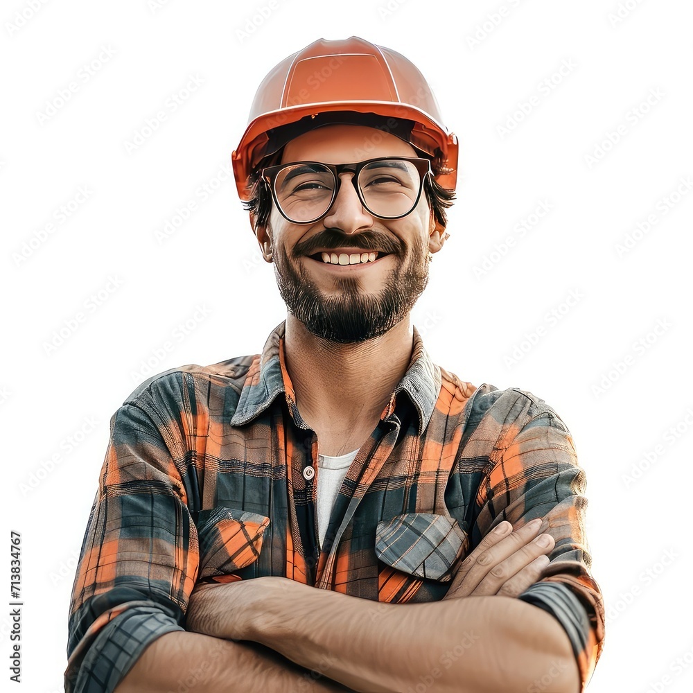 Portrait of handsome bearded builder in helmet and glasses standing with crossed arms isolated on white background Portrait of handsome bearded builder in helmet and glasses standing with crossed arms isolated on white background