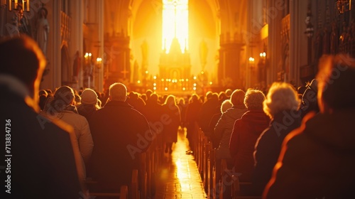 sunrise service at an iconic church, worshippers gathering in the early morning light, © banthita166