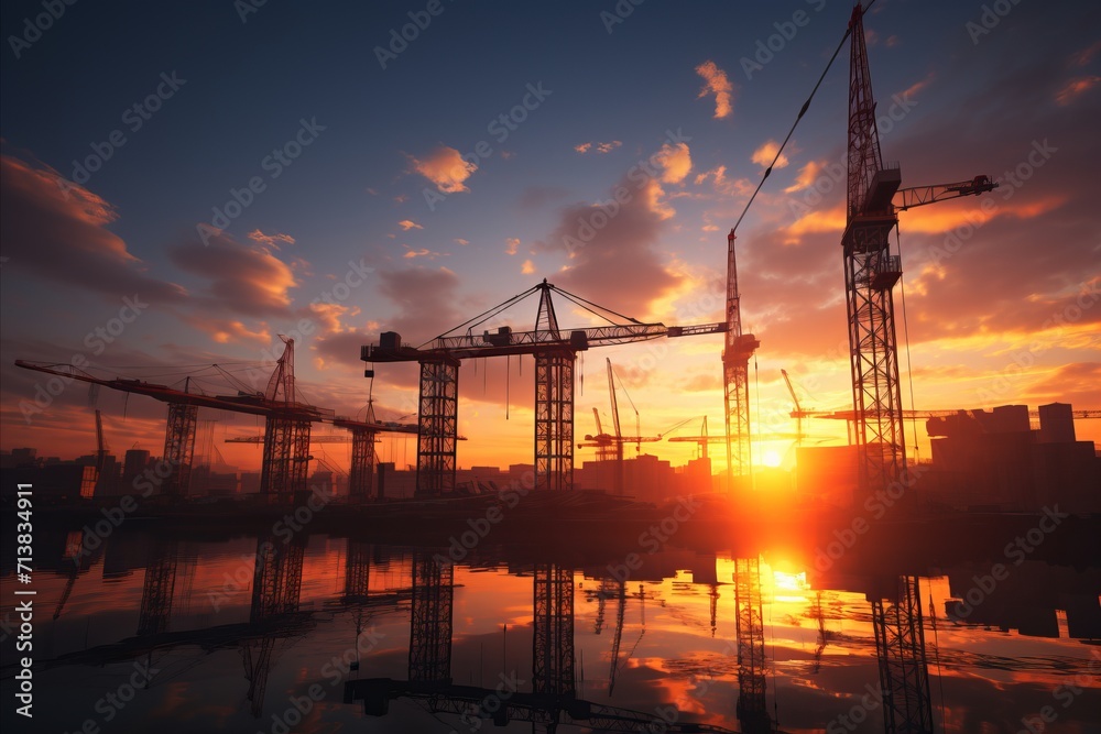 Tower cranes amidst city buildings. sunset, silhouettes, and real estate development