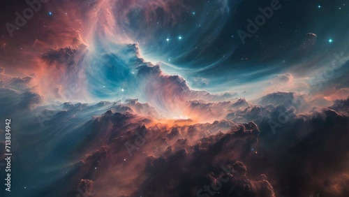 Space travel through galaxies and nebulae in the universe. 4K 16:9 ProRes HQ 59.97 FPS. Generative AI Video.