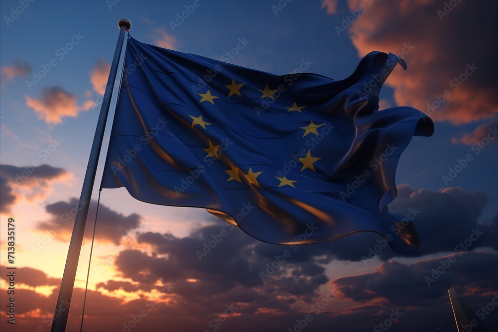 Stunning european flag silhouetted against a magnificent sunset over the horizon - obrazy, fototapety, plakaty 