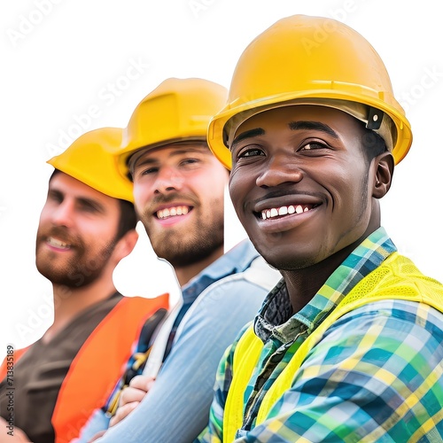 3 Men Group of happy construction workers in hardhats on white background.