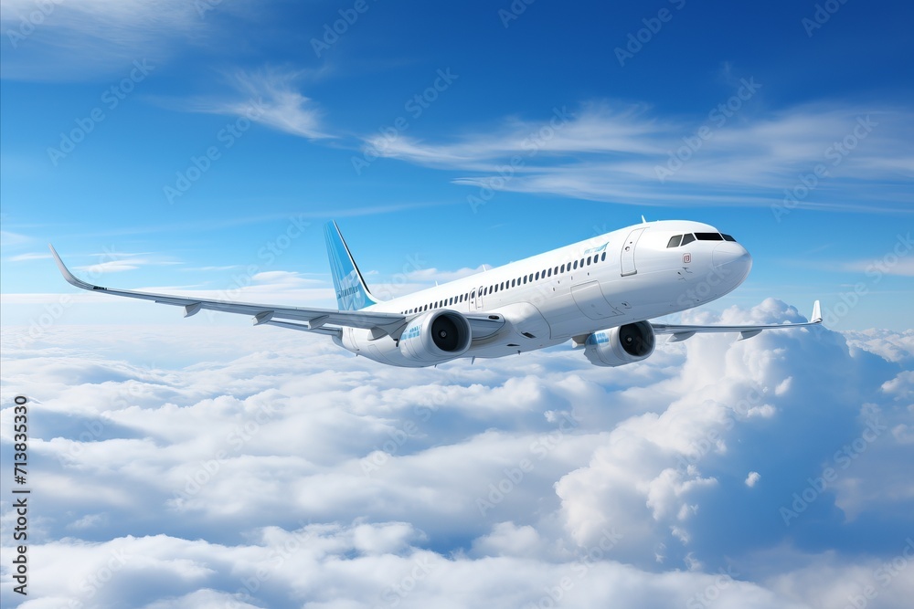 Vibrant panoramic blue sky background with commercial airplane soaring through the clouds