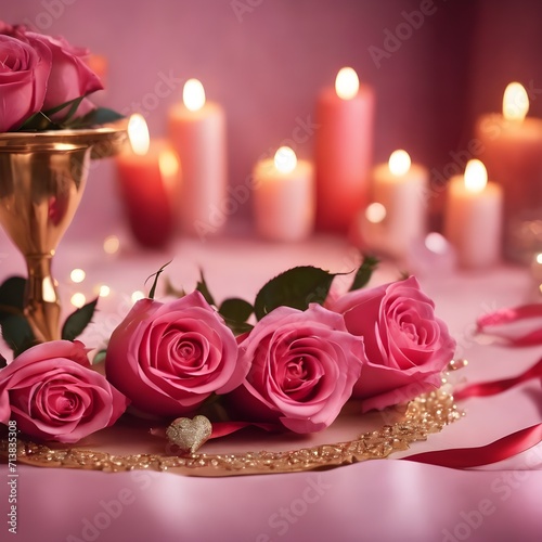 Valentine's day background in pink tones with, rose flowers and burning candles, horizontal luxury glamour romantic backdrop 