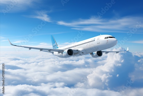 Vibrant panoramic blue sky background with commercial airplane soaring through the clouds