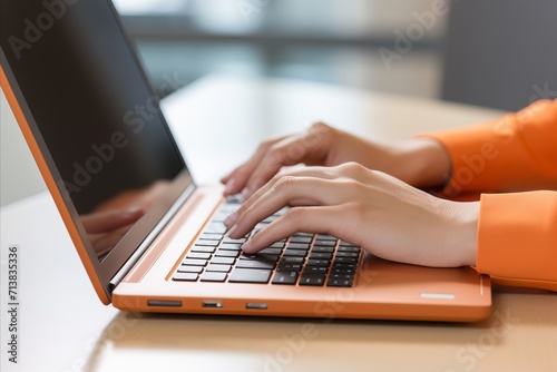 Woman searching information for seo on laptop keyboard. Web page banner, data search technology